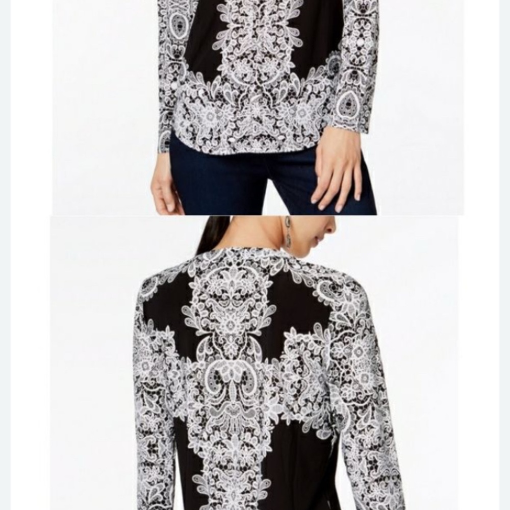 INC International Concepts Black and White Lace Print Long-Sleeve Blouse